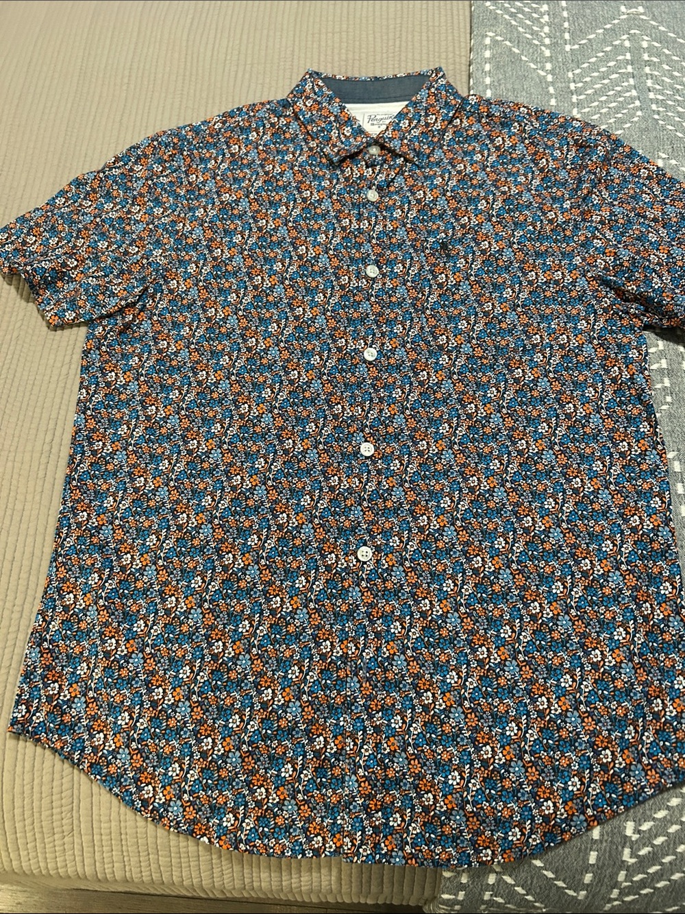 Original Penguin Men's Short-Sleeve Floral Button-Down Shirt - Blue & Orange